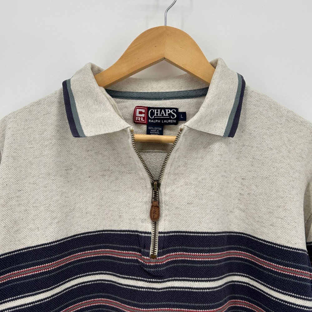 Vintage Chaps Ralph Lauren Quarter Zip Polo Shirt Large Oatmeal Stripe Long Slv